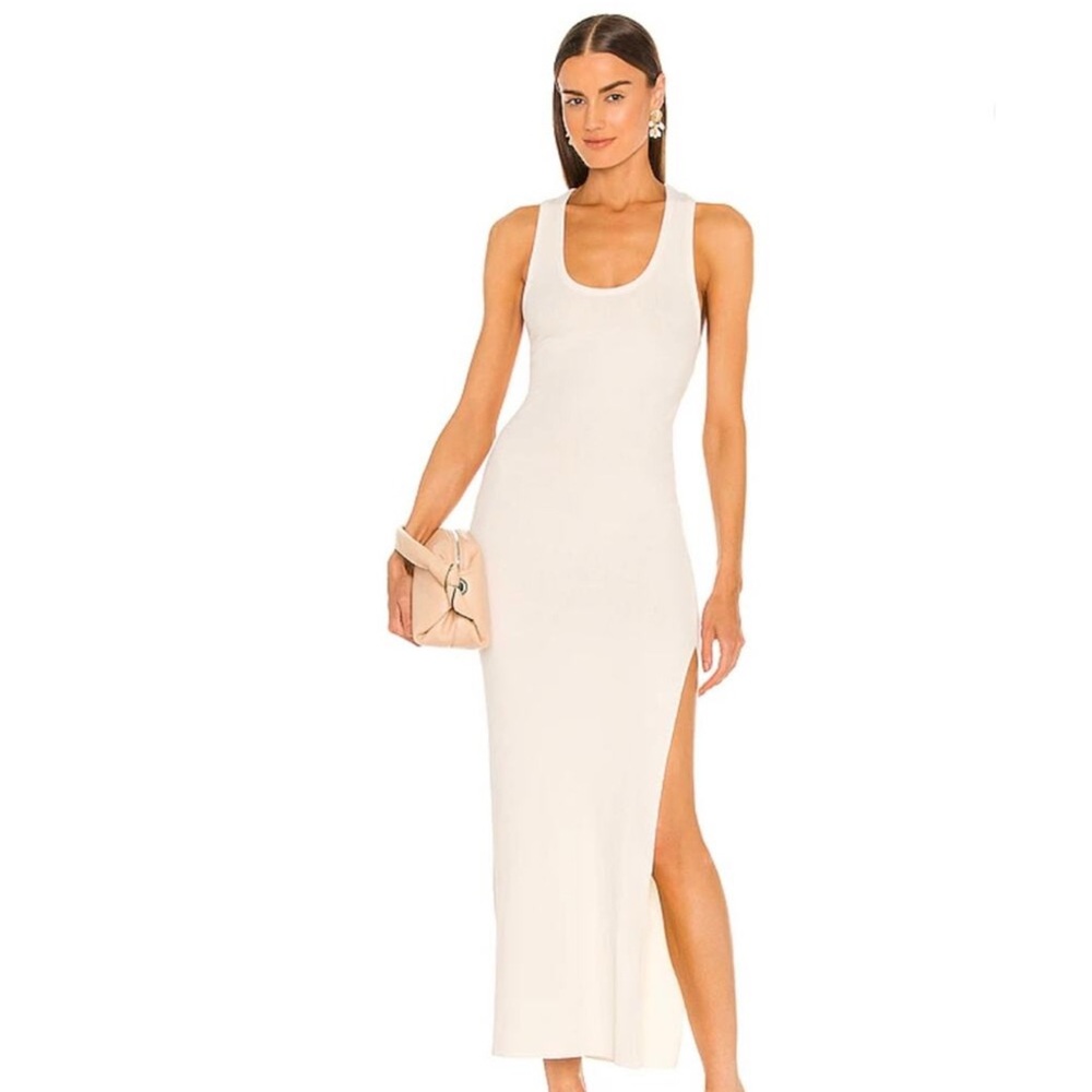 Weekend Stories Cut Out Back Ribbed Erykah Midi Dress in Beige